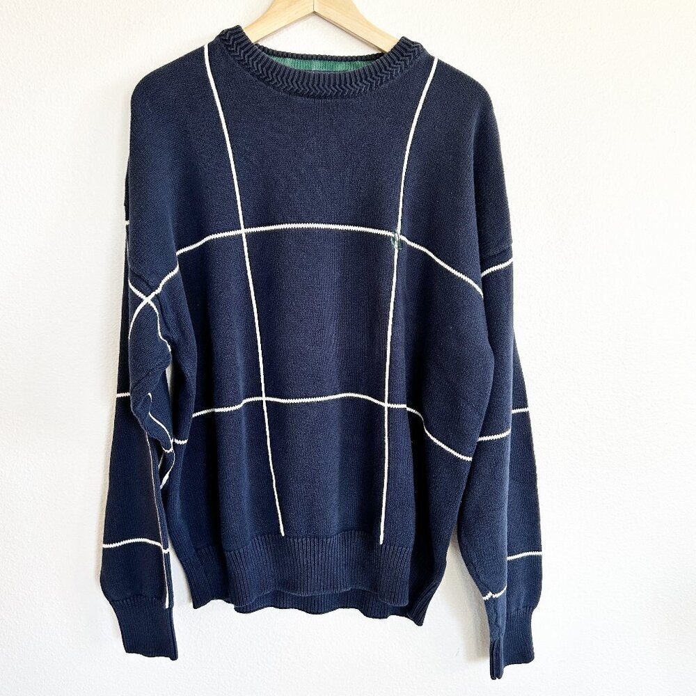 Vintage Nautica Sweater Windowpane Cotton Pullover 90's Dad Preppy